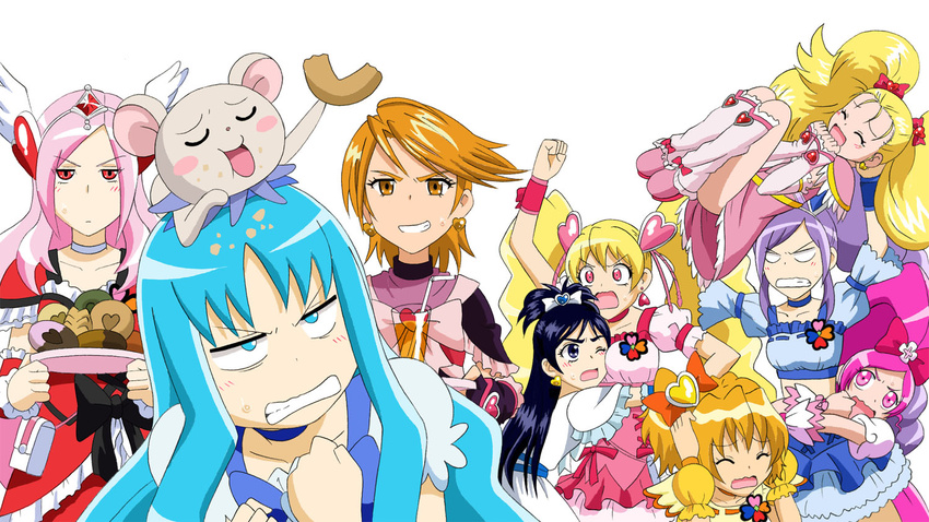 angry annoyed aono_miki blue_choker blue_skirt bow choker closed_eyes cup cure_berry cure_black cure_blossom cure_marine cure_passion cure_peach cure_pine cure_white doughnut drink eating food fresh_precure! fuchi_(nightmare) futari_wa_precure futari_wa_precure_max_heart grin hair_ornament hanasaki_tsubomi heart heart_hair_ornament heartcatch_precure! higashi_setsuna hug kujou_hikari kurumi_erika misumi_nagisa momozono_love multiple_girls pink_bow precure scared shiny_luminous simple_background skirt smile tart_(fresh_precure!) tears white_background white_choker wince yamabuki_inori yukishiro_honoka