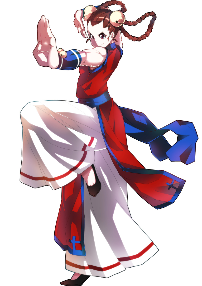 absurdres baggy_pants bare_shoulders bell braid brown_eyes brown_hair chinese_clothes full_body hair_bell hair_ornament hair_rings highres li_xiangfei makai pants sash short_hair slippers smile solo the_king_of_fighters twin_braids white_background