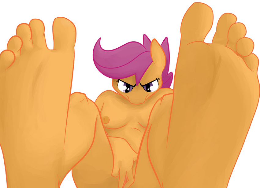 5_toes anthro anthrofied breasts companioncube equine eyes female foot_fetish foot_focus friendship_is_magic fur hair hand hindpaw horse human_feet mammal my_little_pony orange_fur paws pegasus plain_background plantigrade pony purple_eyes purple_hair scootaloo_(mlp) soles toes white_background wings