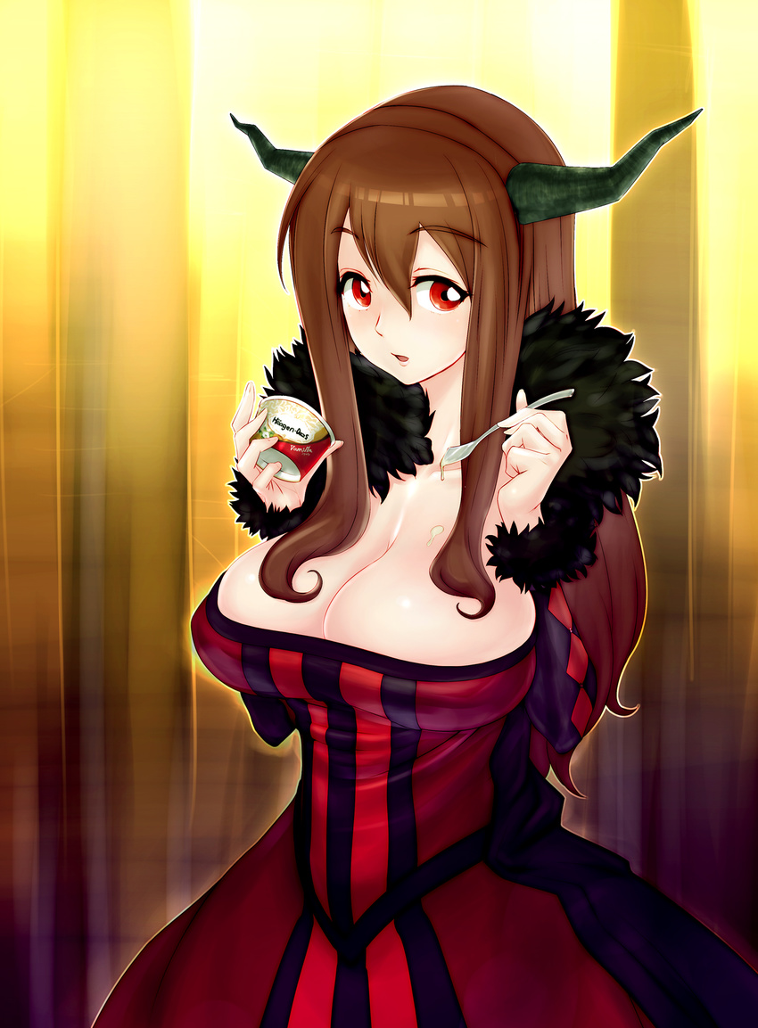 argyle breasts brown_hair cleavage demon_girl demon_horns detached_sleeves dress dripping fake_horns food fur_trim haagen-dazs hayami_yuujirou highres horns huge_breasts ice_cream long_hair maou_(maoyuu) maoyuu_maou_yuusha red_eyes solo spoon strapless strapless_dress striped vertical_stripes