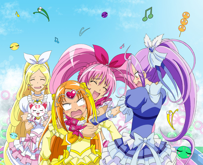 :d =_= angry beamed_eighth_notes blonde_hair blue_skirt blush bow choker closed_eyes cure_beat cure_melody cure_muse_(yellow) cure_rhythm eighth_note fuchi_(nightmare) highres houjou_hibiki hug hug_from_behind hummy_(suite_precure) jealous kurokawa_eren minamino_kanade multiple_girls musical_note open_mouth orange_hair pink_bow pink_hair ponytail precure purple_hair seiren_(suite_precure) shirabe_ako skirt smile suite_precure twintails white_choker yellow_bow