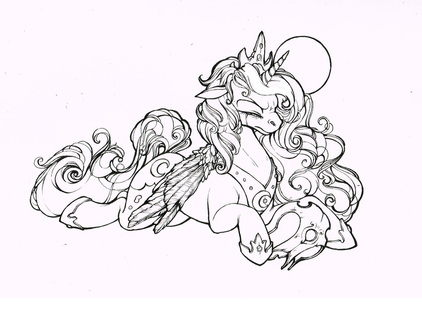 crown cutie_mark equine female feral fillyphalanx friendship_is_magic hair helmet horn horse line_art mammal monochrome my_little_pony plain_background pony princess princess_luna_(mlp) royalty solo white_background winged_unicorn wings