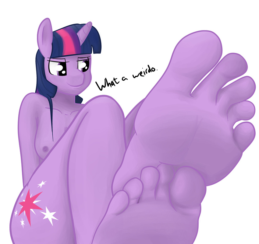 5_toes anthro anthrofied breasts companioncube cutie_mark dialog english_text equine eyes female foot_fetish foot_focus friendship_is_magic fur hair hindpaw horn horse human_feet mammal my_little_pony paws plain_background plantigrade pony purple_eyes purple_fur purple_hair soles text toes twilight_sparkle_(mlp) unicorn white_background