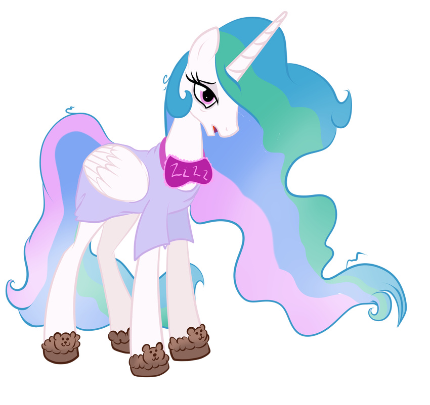 alpha_channel clothed clothing equine female feral friendship_is_magic fur hair hi_res horn horse lolepopenon long_hair mammal multi-colored_hair my_little_pony open_mouth plain_background pony princess princess_celestia_(mlp) purple_eyes royalty shirt sleep_mask slippers solo tongue transparent_background winged_unicorn wings