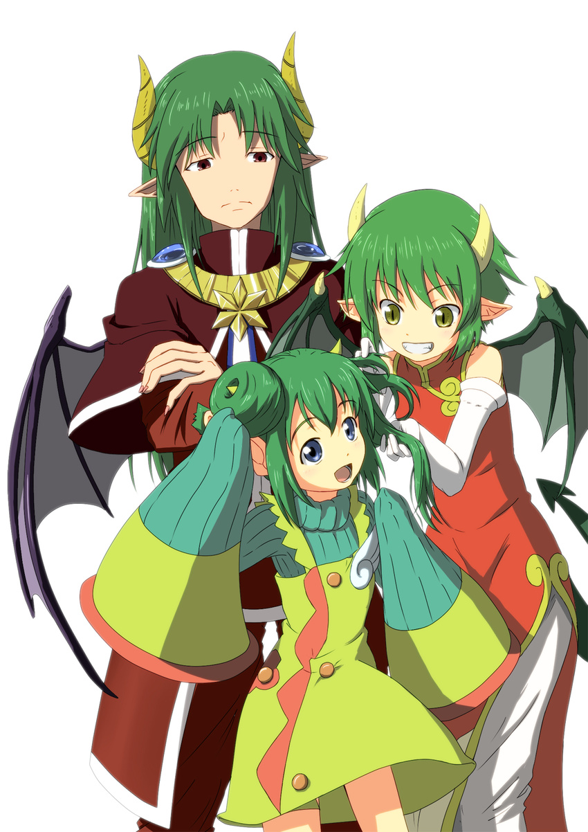 2girls blue_eyes color_connection crossed_arms draco_centauros gloves green_hair hair_bun hair_color_connection height_difference highres horns long_hair look-alike madou_monogatari multiple_girls pants pointy_ears puyopuyo puyopuyo_fever red_eyes rider_(puyopuyo) sachishiro_pengin satan_(puyopuyo) shawl short_hair skirt sleeves_past_wrists smile white_background white_gloves wings yellow_eyes