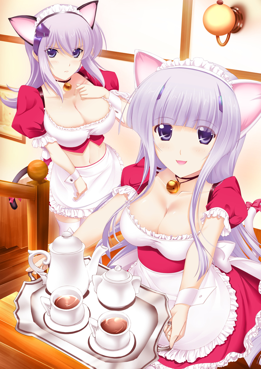 absurdres animal_ears apron bangs bell bell_choker blunt_bangs breast_suppress breasts cat_ears cat_tail choker cleavage collarbone cryska_barchenowa cup foreshortening hair_ornament highres inia_sestina large_breasts lavender_hair long_hair maid_headdress makishima_azusa midriff multiple_girls muvluv muvluv_alternative muvluv_total_eclipse navel outstretched_arms puffy_sleeves purple_eyes purple_hair ribbon scan sidelocks smile tail tail_ribbon teacup teapot thighhighs tray very_long_hair white_legwear wrist_cuffs