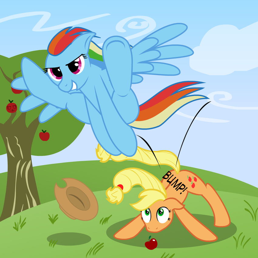 apple applejack_(mlp) arms_down ass_up bajanic bent_over blonde_hair blue_fur couple cowboy_hat cutie_mark duo english_text equine female feral freckles friendship_is_magic fruit fur green_eyes hair hat hill horse jumping leapfrog legs_up long_hair looking_up mammal multi-colored_hair my_little_pony open_mouth outside pegasus playful pony pose purple_eyes rainbow_dash_(mlp) rainbow_hair raised_tail shadow smile spread_legs spreading standing surprise teeth text tree wings