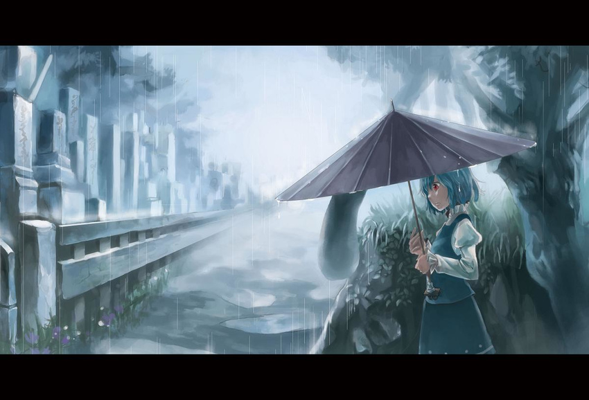 blue_hair dark grave graveyard kani_aruki_(bucket_crawl) karakasa_obake letterboxed oriental_umbrella rain red_eyes short_hair skirt solo tatara_kogasa touhou umbrella