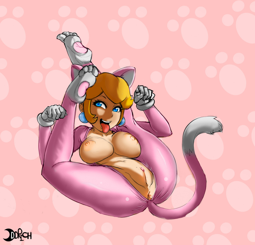 :p animal_ears anus blonde_hair blue_eyes bracelet breasts cat_ears cat_tail catsuit center_opening clitoris collaboration colorized earrings flexible highres jewelry kemonomimi_mode large_breasts legs_over_head lips lm_(legoman) long_hair lying mario_(series) nipples oddmachine on_back paw_pose princess_peach pussy sketch solo super_mario_3d_world super_mario_bros. tail tongue tongue_out uncensored