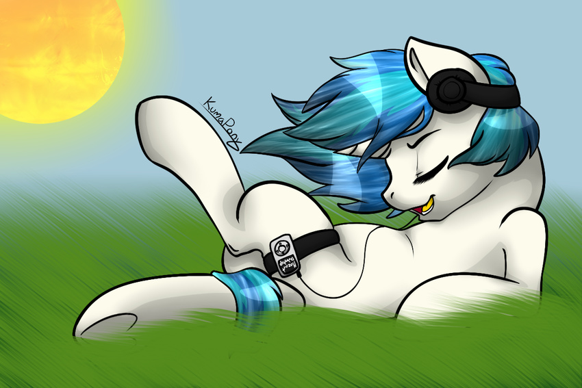 equine eyes_closed female feral friendship_is_magic fur grass hair headphones horn horse ipod kumapony long_hair lying mammal music my_little_pony on_back open_mouth outside pony sky smile solo spread_legs spreading strap sun teeth tongue two_tone_hair unicorn vinyl_scratch_(mlp) white_fur