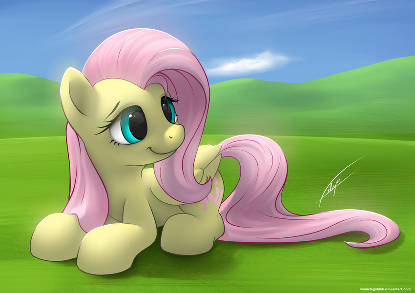 bioniclegahlok cloud clouds cute cutie_mark equine female feral fluttershy_(mlp) friendship_is_magic fur grass green_eyes hair hi_res horse lying mammal my_little_pony on_front outside pegasus pink_hair pony signature sky smile solo wings yellow_fur