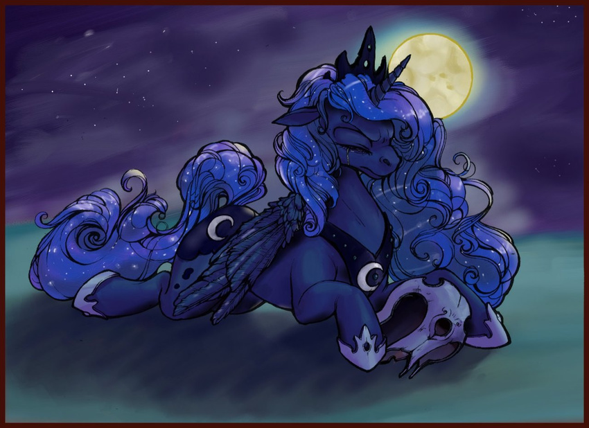 blue_fur blue_hair crown crying cutie_mark equine eyes_closed female feral fillyphalanx friendship_is_magic fur hair helmet horn horse mammal moon my_little_pony night pony princess princess_luna_(mlp) royalty solo tears winged_unicorn wings