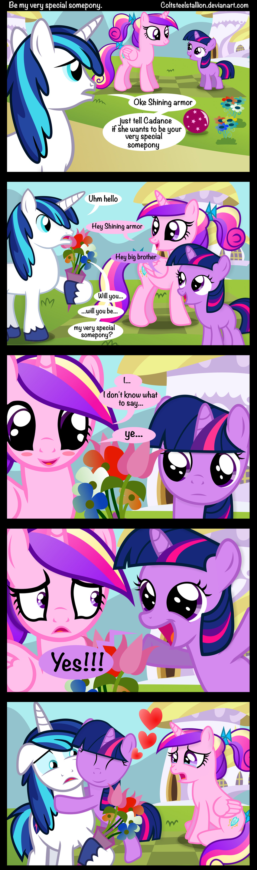 ball blue_eyes blush coltsteelstallion comic crying dialog english_text equine female feral flower friendship_is_magic grass group hair horn horse hug male mammal multi-colored_hair my_little_pony outside pony princess_cadance_(mlp) purple_eyes purple_hair shining_armor_(mlp) text twilight_sparkle_(mlp) two_tone_hair unicorn winged_unicorn wings young