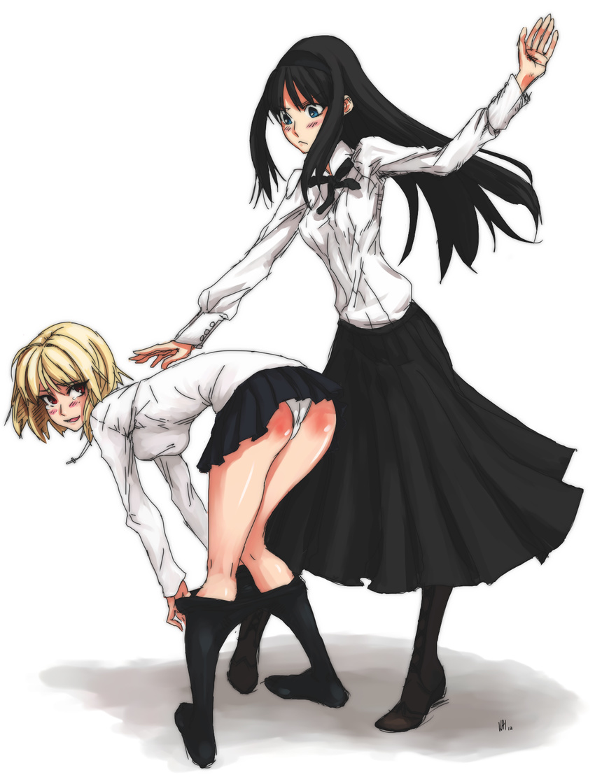 alternate_costume arcueid_brunestud bent_over black_legwear black_skirt blonde_hair drawfag highres long_skirt multiple_girls non-web_source pantyhose pantyhose_pull simple_background skirt spanked spanking toono_akiha tsukihime