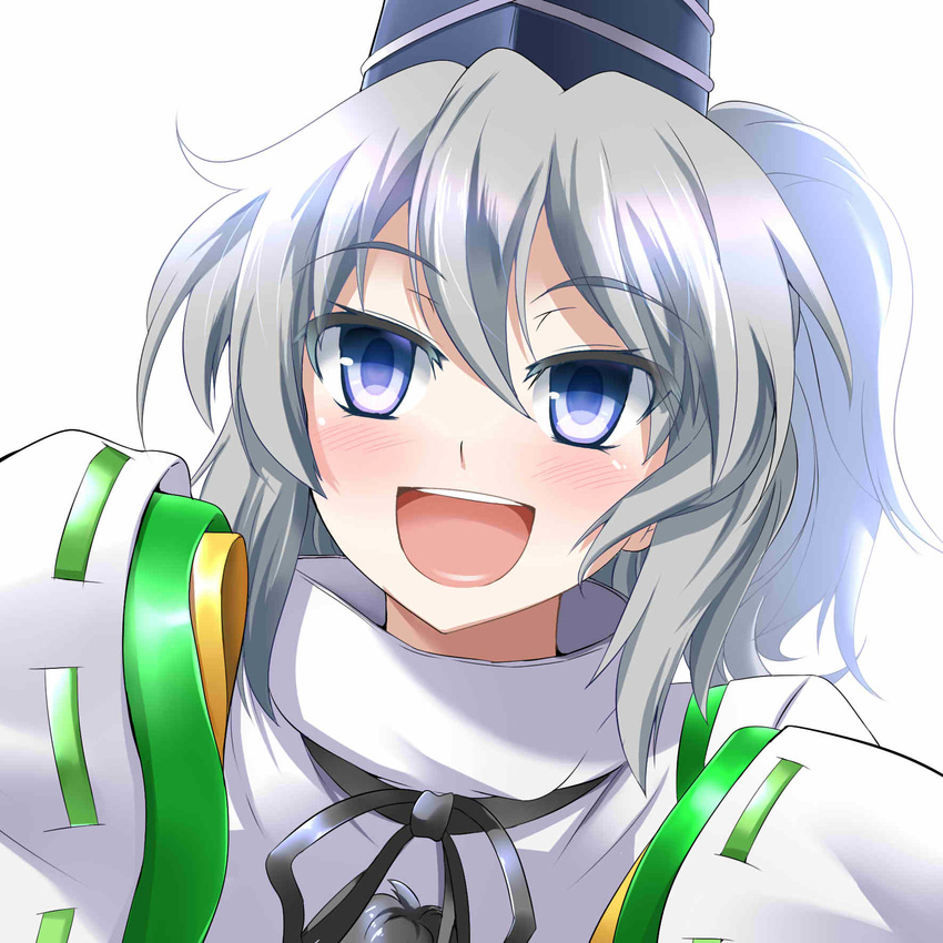 blue_eyes blush e.o. hat highres long_hair mononobe_no_futo open_mouth ponytail silver_hair sleeves_past_wrists smile solo tate_eboshi touhou upper_body