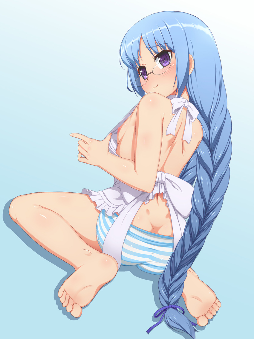 apron ass bad_id bad_pixiv_id barefoot blue_background blue_hair blush braid breasts butt_crack dimples_of_venus feet glasses highres long_hair looking_back nagatsuka_saki nearly_naked_apron nipples panties purple_eyes rou-kyuu-bu! sitting small_breasts smile soles solo striped striped_panties tachimi_(basue) toes underwear very_long_hair wariza