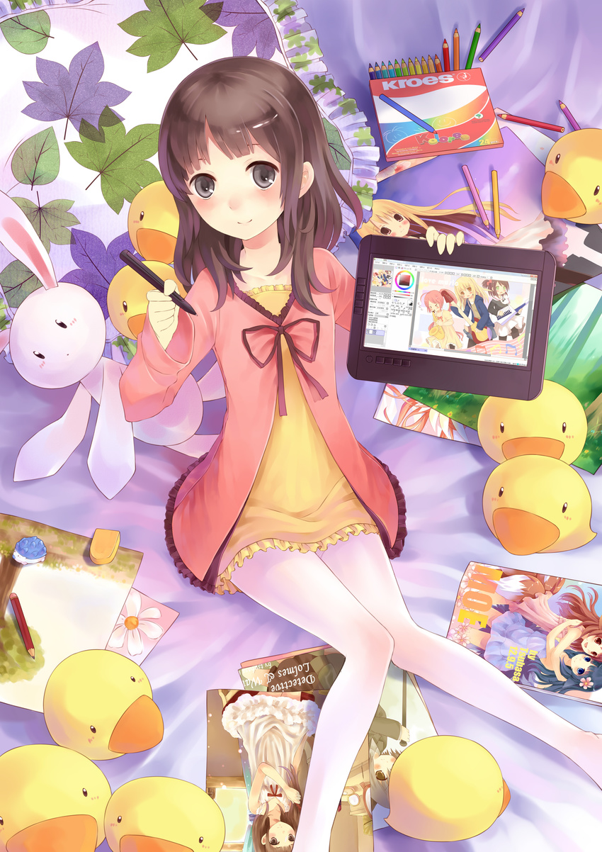 absurdres black_eyes brown_hair dress highres long_hair lying oekaki_musume on_back original pantyhose pillow solo stuffed_animal stuffed_bunny stuffed_toy stylus tablet tablet_pc tsubasa_tsubasa white_legwear