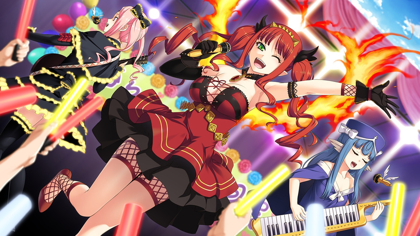 3girls armpits benimura_karu blue_hair breasts bunny_black_3 cleavage eyes_closed flat_chest game_cg gloves happy hat highres legs long_hair looking_at_viewer microphone multiple_girls open_mouth pink_hair playing red_hair singer singing skirt smile standing thighs twintails wink