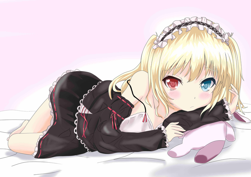 absurdres blonde_hair blue_eyes blush boku_wa_tomodachi_ga_sukunai gothic_lolita hasegawa_kobato headdress heterochromia highres lolita_fashion long_hair looking_at_viewer lying on_side pout red_eyes saku_(kudrove) skirt solo strap_slip stuffed_animal stuffed_bunny stuffed_toy two_side_up