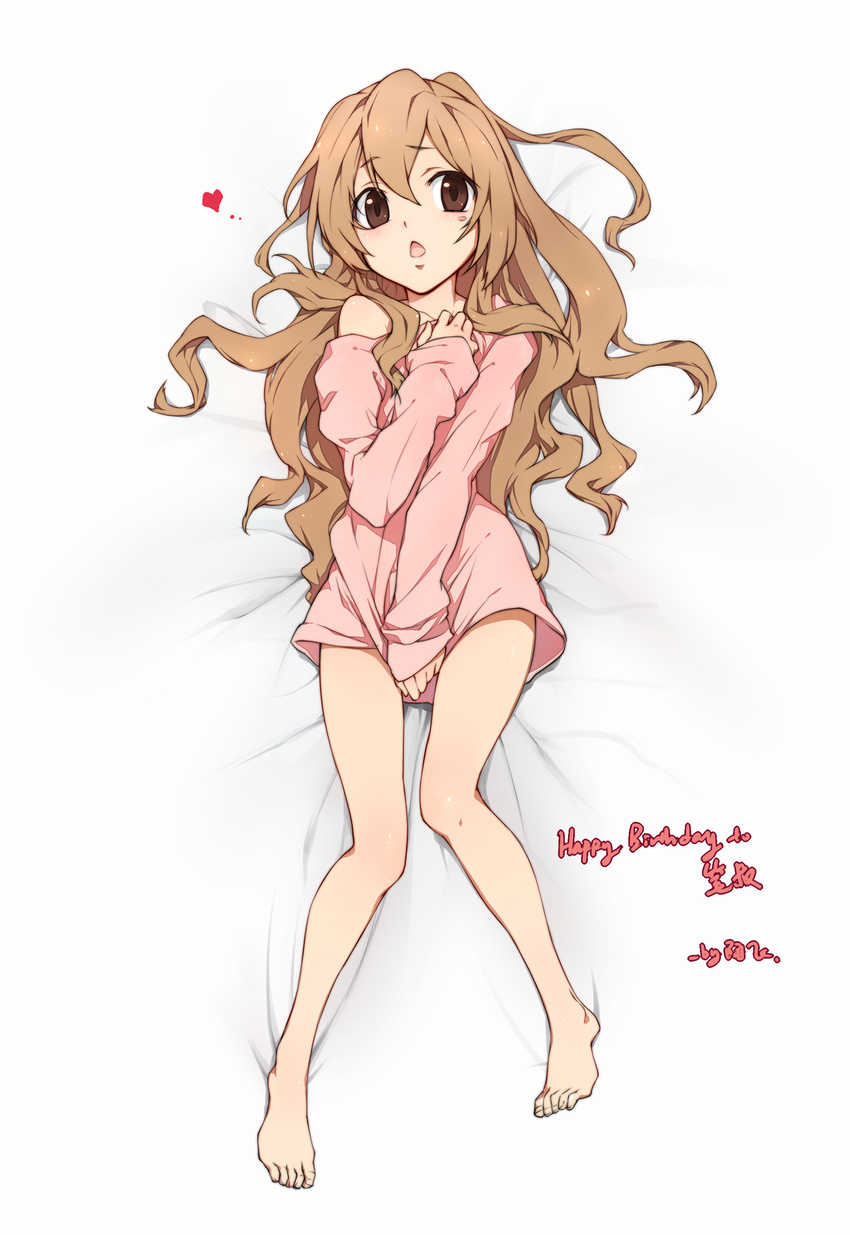 aisaka_taiga bare_shoulders barefoot blush brown_eyes brown_hair covering covering_crotch dakimakura full_body heart highres linjie long_hair no_pants off-shoulder_sweater on_bed shirt_tug sleeves_past_wrists solo sweater toradora!