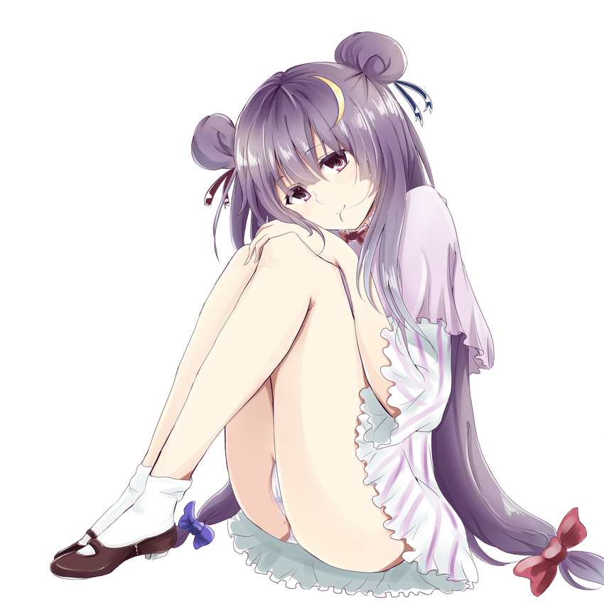 absurdres bad_id bad_pixiv_id capelet crescent crescent_hair_ornament double_bun dress full_body hair_in_mouth hair_ornament highres long_hair looking_at_viewer mary_janes panties patchouli_knowledge purple_eyes purple_hair shoes simple_background smile solo takitou touhou underwear very_long_hair white_background white_panties