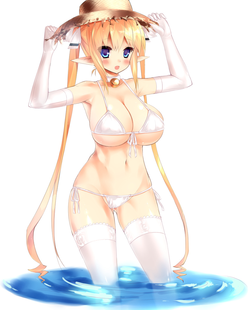 absurdres bell bell_collar bikini blonde_hair blue_eyes breasts collar elbow_gloves elf gloves hands_on_headwear hat highres huatu_jiang jingle_bell large_breasts long_hair original pointy_ears solo straw_hat swimsuit thighhighs twintails underboob very_long_hair wading water white_bikini white_gloves white_legwear