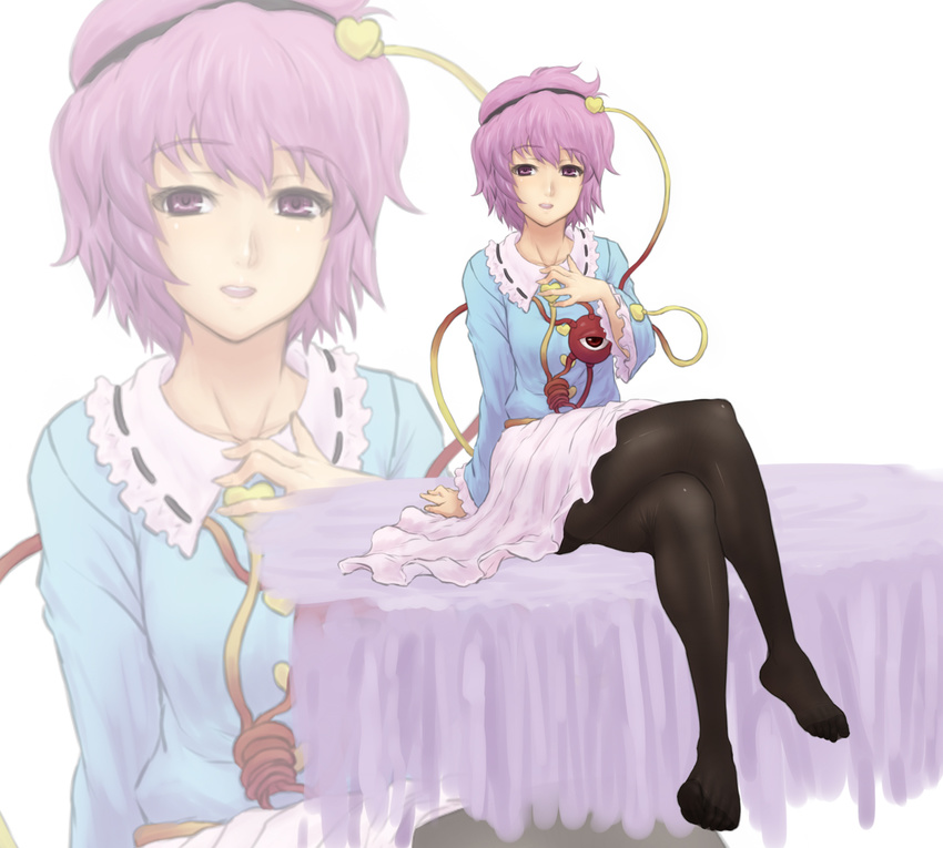 black_legwear brown_hair crossed_legs eyeball feet hairband hand_on_own_chest heart highres komeiji_satori kuro_suto_sukii long_sleeves no_shoes pantyhose pink_eyes pink_hair shirt short_hair sitting skirt solo third_eye touhou wide_sleeves zoom_layer