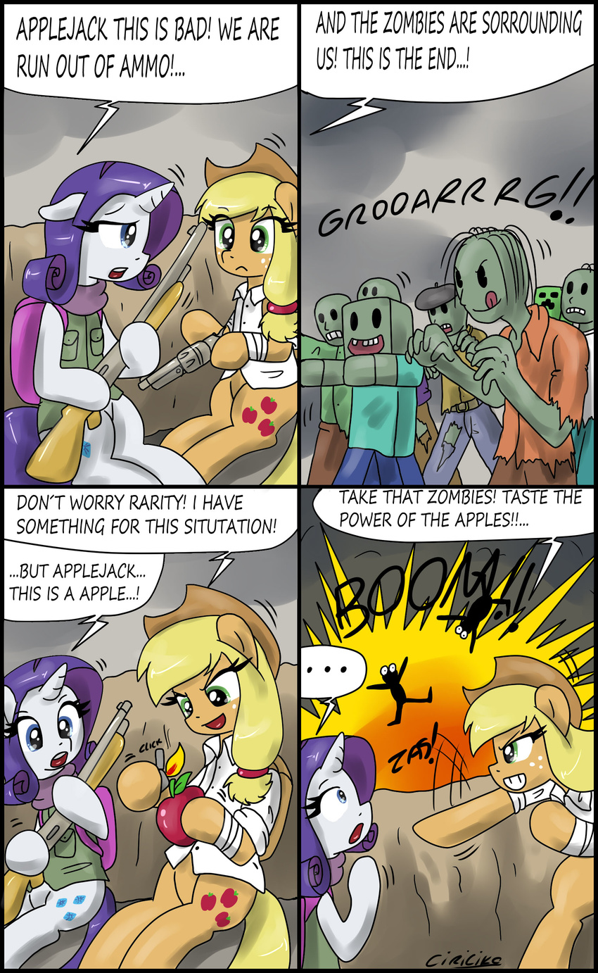 2013 applejack_(mlp) backpack blonde_hair blue_eyes ciriliko clothing comic cowboy_hat creeper cutie_mark dialog english_text equine explosion female feral freckles friendship_is_magic green_eyes grenade gun hair hat horn horse lighter mammal minecraft my_little_pony pony purple_hair ranged_weapon rarity_(mlp) revolver shirt shotgun text undead unicorn video_games weapon zombie