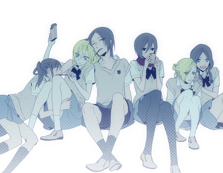 annie_leonhardt bike_shorts black_legwear christa_renz contemporary food freckles kneehighs mikasa_ackerman mina_carolina mouth_hold multiple_girls ohagitan one_eye_closed pantyhose pocky sasha_braus school_uniform shingeki_no_kyojin sitting skirt socks thighhighs vest white_legwear ymir_(shingeki_no_kyojin)