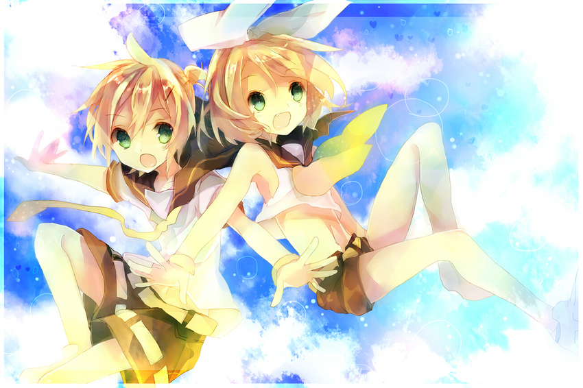 1girl blonde_hair brother_and_sister green_eyes inaresi kagamine_len kagamine_rin midriff shorts siblings vocaloid