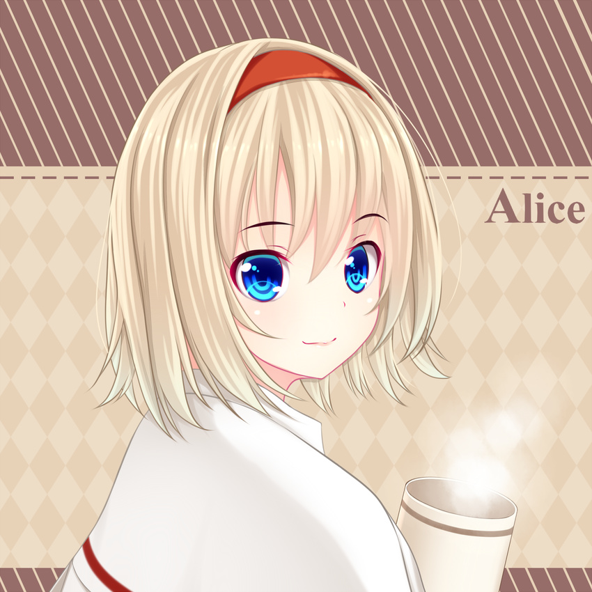 alice_margatroid blonde_hair blue_eyes coffee coffee_mug cup hairband highres kiyomin mug short_hair solo touhou