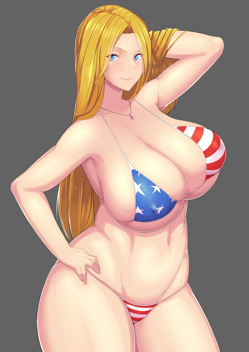 1girl america american_flag_bikini bikini blonde_hair blue_eyes breasts cleavage hakai_shin huge_breasts long_hair looking_at_viewer necklace pose smile solo swimsuit thick_thighs tight
