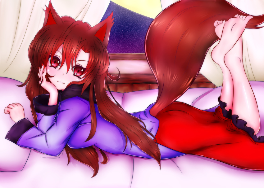 animal_ears barefoot bed brown_hair damir_doma derivative_work dress fang fingernails hand_on_own_cheek imaizumi_kagerou long_hair long_sleeves lying moon red_eyes sky solo star_(sky) starry_sky tail touhou window wolf_ears wolf_tail