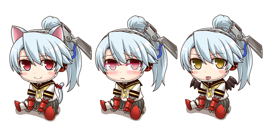 androgynous animal_ears bat_wings blush blush_stickers cat_ears cat_tail chibi frown glasses hair_ornament highres kemonomimi_mode labrys multiple_persona neckerchief persona persona_4:_the_ultimate_in_mayonaka_arena pink-framed_eyewear ponytail red_eyes school_uniform segami_daisuke serafuku shadow_(persona) shadow_labrys silver_hair sitting skirt smile tail tongue tongue_out wings wire yellow_eyes