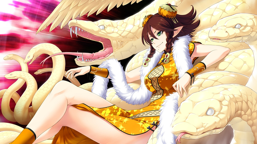 1girl animal benimura_karu braid breasts brown_hair bunny_black_3 china_dress chinese_clothes double_bun dress game_cg green_eyes highres large_breasts legs legs_crossed open_mouth short_hair sitting smile snake solo suisen_(bunny_black) thighs tongue