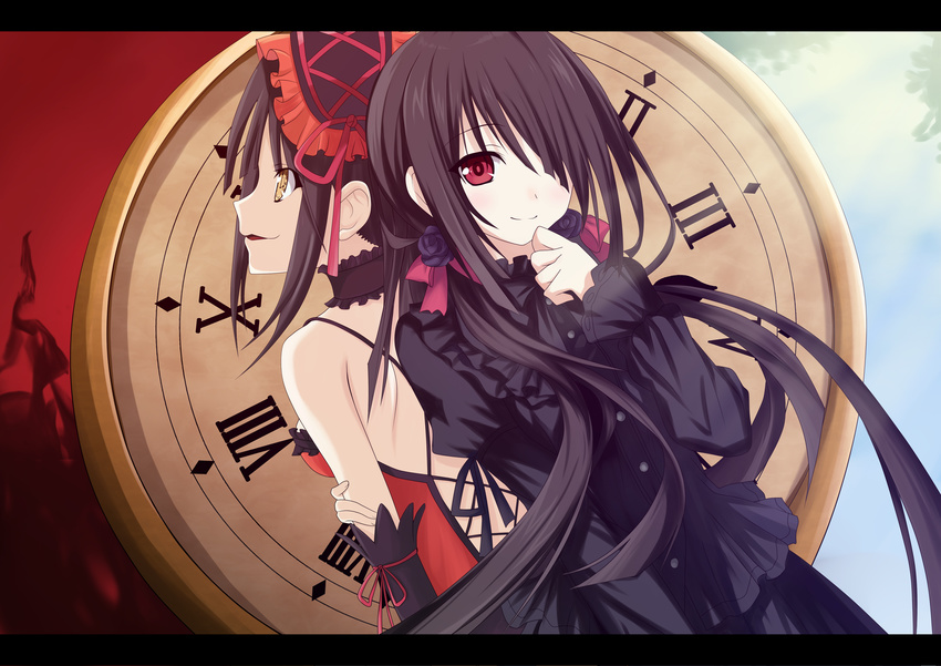 absurdres back-to-back bare_shoulders black_dress black_hair clock clock_eyes clockwork date_a_live dress dual_persona flower guhua67 hairband heterochromia highres letterboxed lolita_fashion lolita_hairband long_hair looking_at_viewer number red_eyes ribbon roman_numerals smile symbol-shaped_pupils tokisaki_kurumi twintails upper_body yellow_eyes