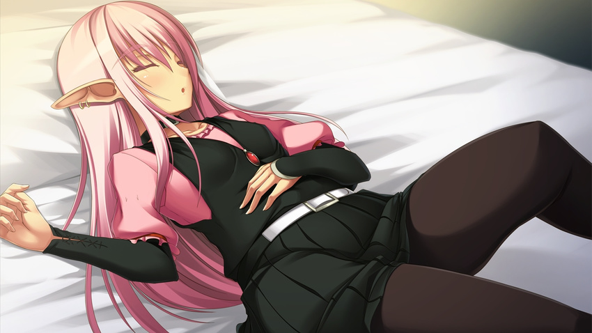 1girl bed belt benimura_karu blush breasts bunny_black_3 earrings elf eyes_closed flat_chest game_cg highres jewelry legs long_hair lying open_mouth pantyhose pillow pink_hair pointy_ears skirt sleeping solo thighs
