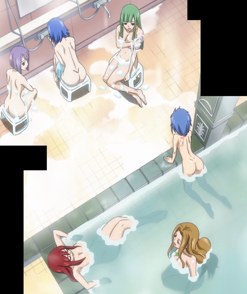 6+girls 6girls ass bathing bisca_mulan blonde_hair blue_hair breasts erza_scarlet evergreen eyes_closed fairy_tail female flat_chest green_hair highres juvia_loxar laki_olietta large_breasts levy_mcgarden long_hair multiple_girls nude onsen purple_hair red_hair screencap shared_bathing short_hair stitched tattoo water wet