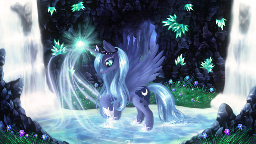 cutie_mark equine female feral flower friendship_is_magic horn horse macalaniaa magic mammal my_little_pony pony princess_luna_(mlp) royalty smile solo teal_eyes water waterfall winged_unicorn wings