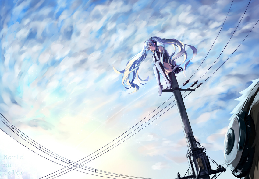 blue_eyes blue_hair character_request chin_rest cloud copyright_name detached_sleeves hatsune_miku headphones kaname_(cherry0732) long_hair on_top_of_pole power_lines sitting skirt sky solo_focus telephone_pole thighhighs twintails very_long_hair vocaloid wide_shot zettai_ryouiki