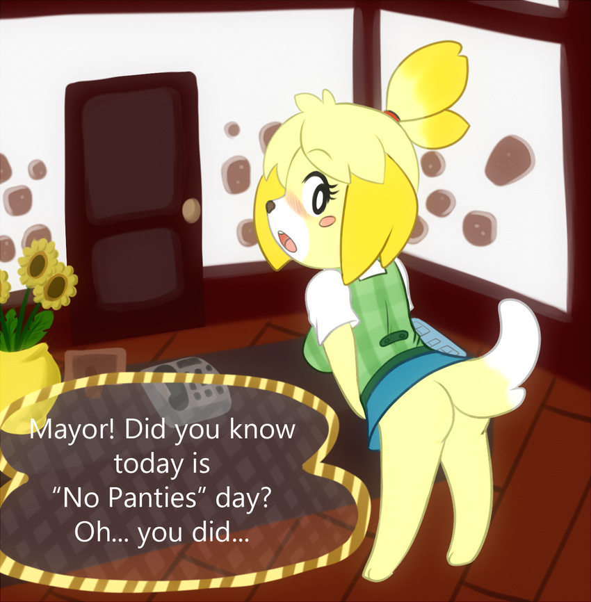 animal_crossing anthro bent_over blush canine clothing dialog dog door english_text female flower fur house inside invalid_tag isabelle_(animal_crossing) looking_back mammal nintendo ponytail skidd solo text video_games yellow_fur