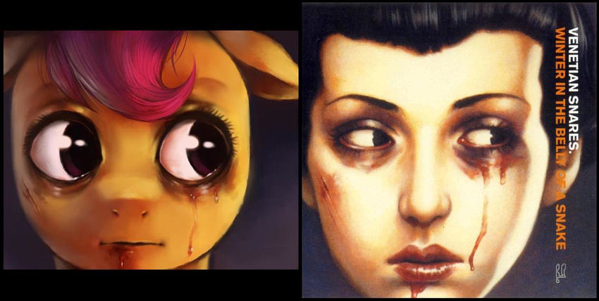 album_cover comparison cover crookedtrees crying duo equine eyes face female friendship_is_magic fur hair horse human mammal my_little_pony orange_fur pony purple_hair scootaloo_(mlp) scratches tears trevor_brown wounded