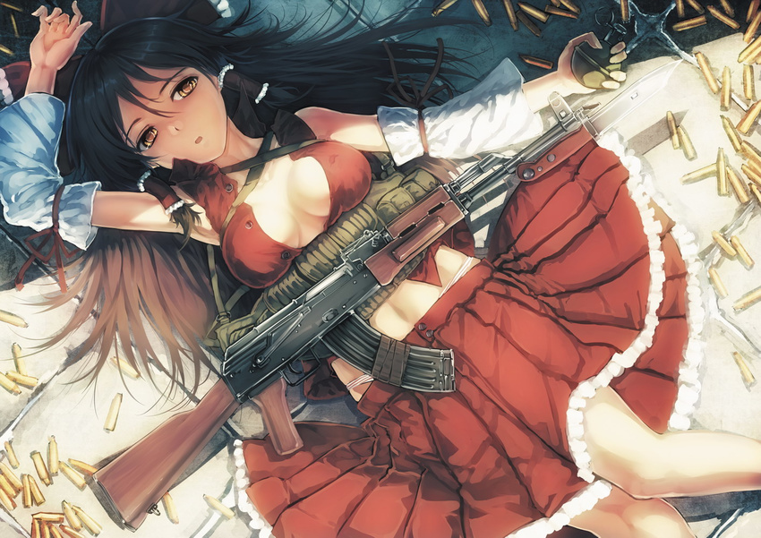 ak-47 armpits assault_rifle bayonet bow breasts breasts_apart brown_hair cleavage collarbone covered_nipples detached_sleeves explosive grenade gun hair_bow hair_tubes hakurei_reimu jungle_style knife large_breasts load_bearing_vest long_hair lying midriff no_bra on_back open_clothes open_mouth panties ribbon rifle shell_casing siqi_(miharuu) skirt solo striped striped_panties touhou underwear weapon yellow_eyes
