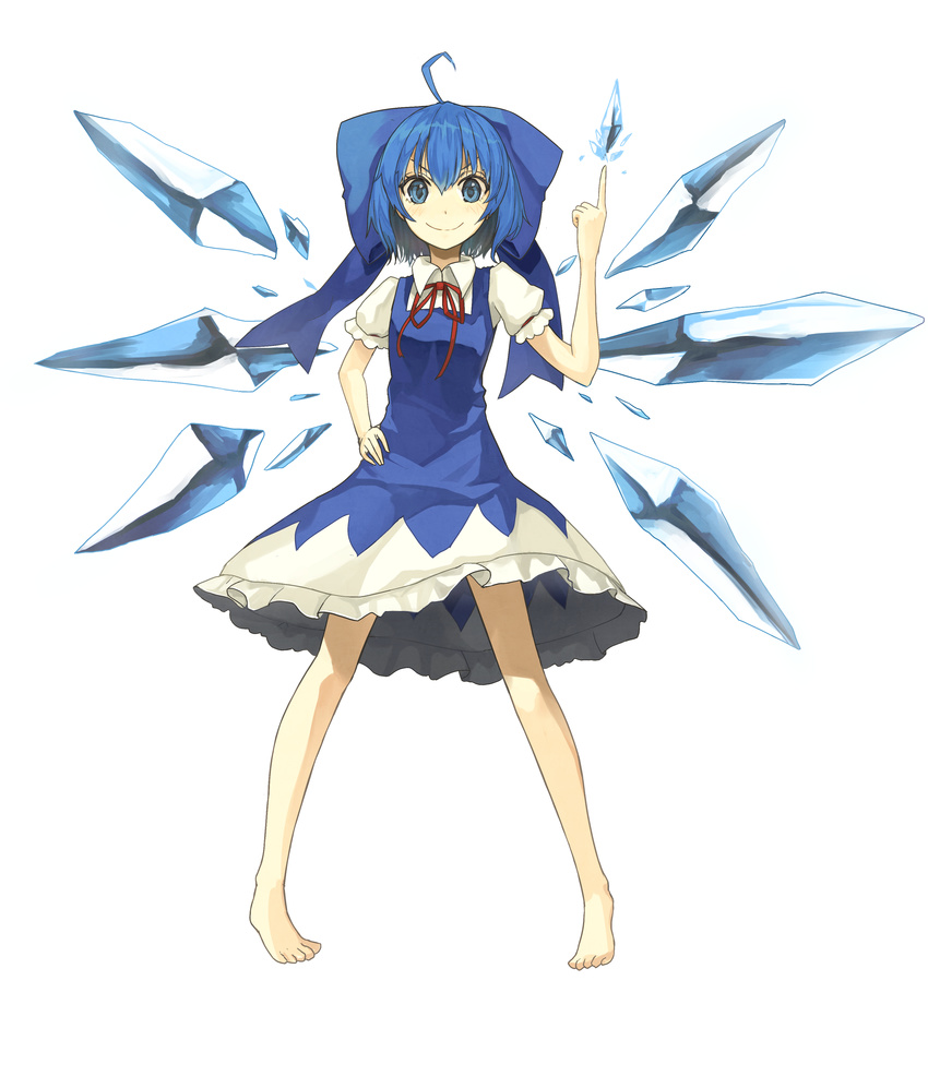 &gt;:) absurdres ahoge bad_id bad_pixiv_id bare_legs barefoot blue_dress blue_eyes blue_hair bow cirno dress full_body hair_bow hand_on_hip highres ice ice_wings large_bow looking_at_viewer miruto_netsuki neck_ribbon pigeon-toed puffy_sleeves ribbon short_sleeves simple_background smile solo touhou v-shaped_eyebrows white_background wings