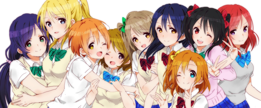 :d ;) ;d absurdres ayase_eli black_hair blue_eyes blue_hair blush bow breasts brown_hair everyone green_eyes hair_bow highres hoshizora_rin hug koizumi_hanayo kousaka_honoka long_hair looking_at_viewer love_live! love_live!_school_idol_project medium_breasts minami_kotori multiple_girls nishikino_maki one_eye_closed open_mouth orange_hair otonokizaka_school_uniform purple_eyes purple_hair red_eyes red_hair school_uniform short_hair smile sonoda_umi sorimachi-doufu sweater_vest toujou_nozomi twintails yazawa_nico yellow_eyes