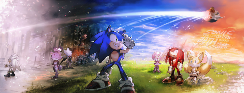 6+boys amy_rose animal_ears aoki_(fumomo) bad_id bad_pixiv_id birthday blaze_the_cat blue_eyes cat_ears city dr._eggman english flying fox_ears fox_tail furry gloves grass green_eyes highres knuckles_the_echidna mountain multiple_boys multiple_girls multiple_tails red_eyes rouge_the_bat shadow_the_hedgehog silver_the_hedgehog sky sonic sonic_the_hedgehog tail tails_(sonic) yellow_eyes