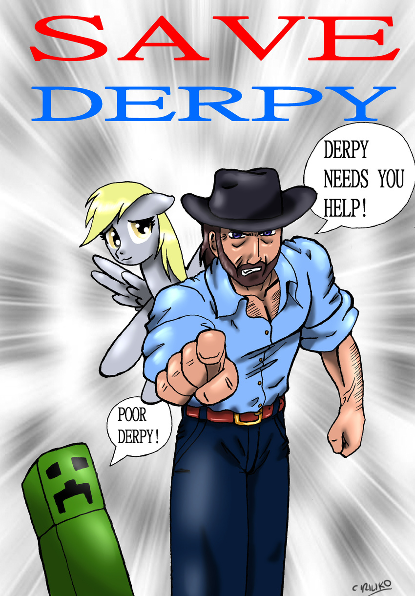 abstract_background blonde_hair blue_eyes chuck_norris ciriliko clothed clothing creeper crossover derpy_hooves_(mlp) dialog english_text equine female feral friendship_is_magic fur green_body grey_fur group hair hat horse human looking_at_viewer male mammal minecraft my_little_pony pegasus pony signature text video_games wings yellow_eyes