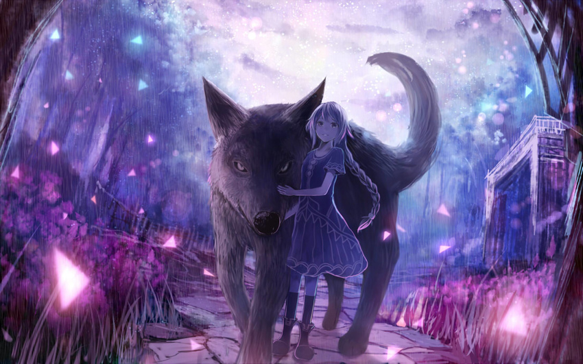 animal braid flower long_hair looking_at_viewer original oversized_animal path purple_hair road sakimori_(hououbds) smile solo wolf