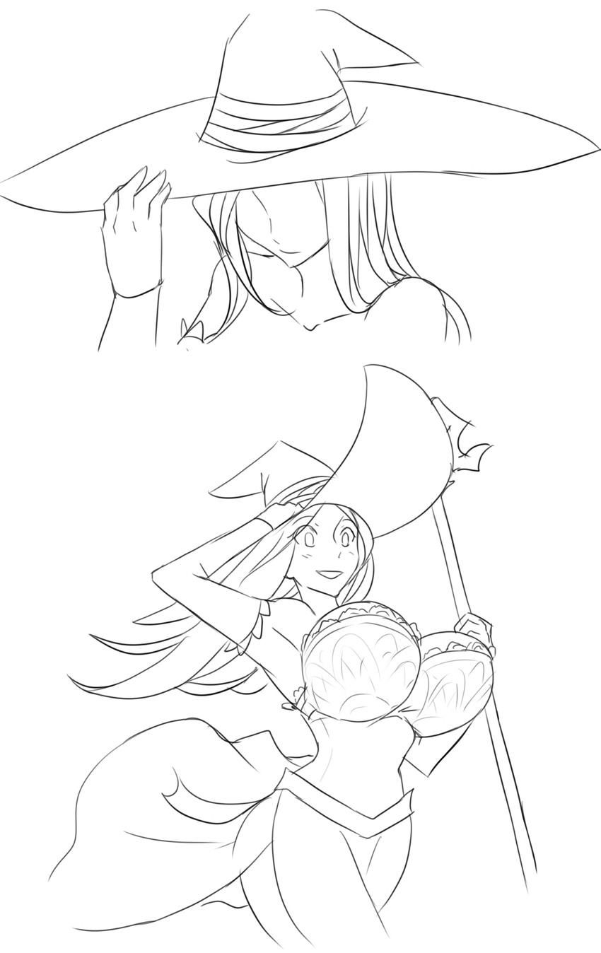 bouncing_breasts breasts comic detached_sleeves dragon's_crown dress greyscale hat highres huge_breasts long_hair matsu-sensei monochrome running silent_comic solo sorceress_(dragon's_crown) wand witch_hat