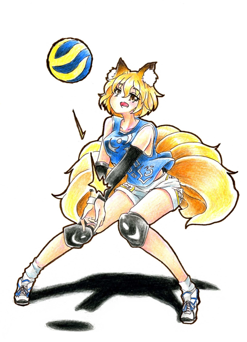 :d adapted_costume animal_ear_fluff animal_ears bare_legs blonde_hair blue_shirt breasts collarbone commentary_request contemporary cross-laced_footwear eyelashes fox_ears fox_girl fox_tail full_body gokuu_(acoloredpencil) half-closed_eyes highres knee_pads knees_together_feet_apart large_breasts legs_apart looking_up lower_teeth multiple_tails no_hat no_headwear open_mouth outstretched_arms pigeon-toed shadow shirt shoes short_hair short_shorts shorts simple_background sleeveless sleeveless_shirt smile sneakers socks solo tail touhou traditional_media v_arms volleyball white_background white_footwear white_legwear white_shorts yakumo_ran yellow_eyes